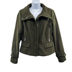 NEW Express Moto Jacket Olive Green Zip Up Military Long Sleeve Coat Large